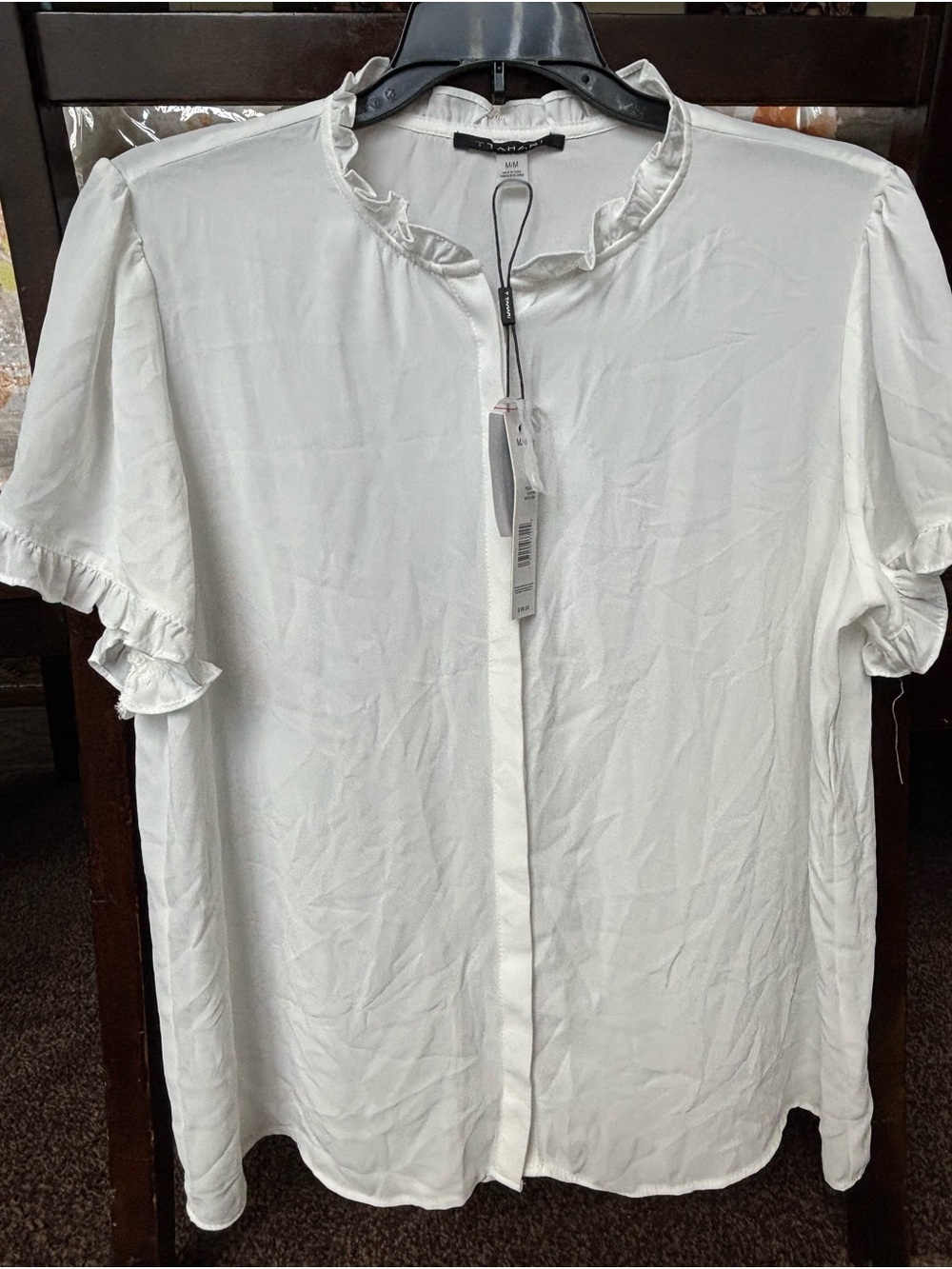 T Tahari White Ruffle-Trim Short Sleeve Button Blouse